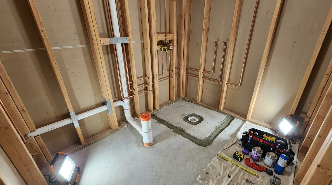 Bathroom rough-in plumbing during remodel by Johns Plumbing LLC in Channing