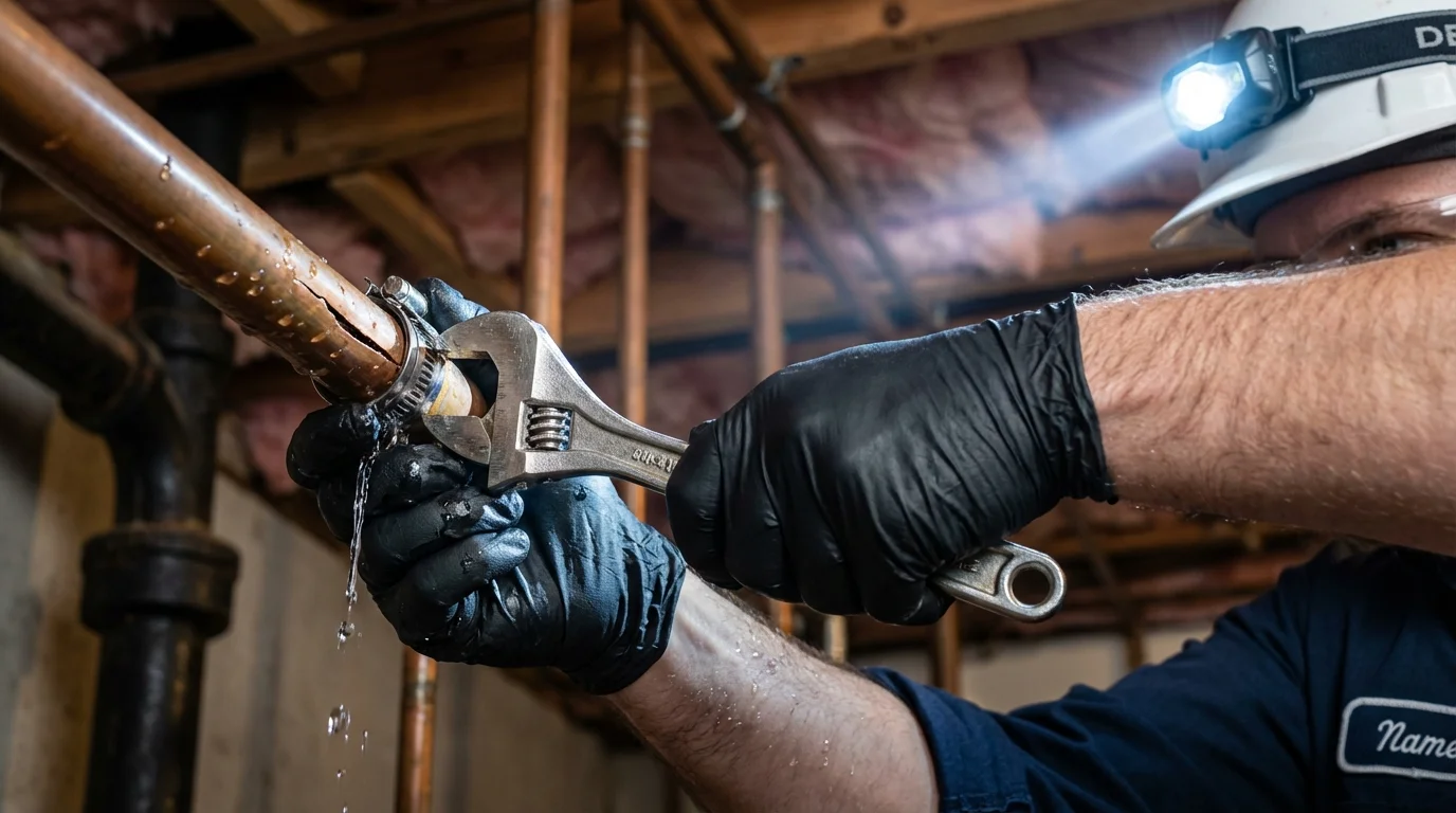 Emergency pipe clamp repair being performed by a Johns Plumbing LLC plumber in Channing