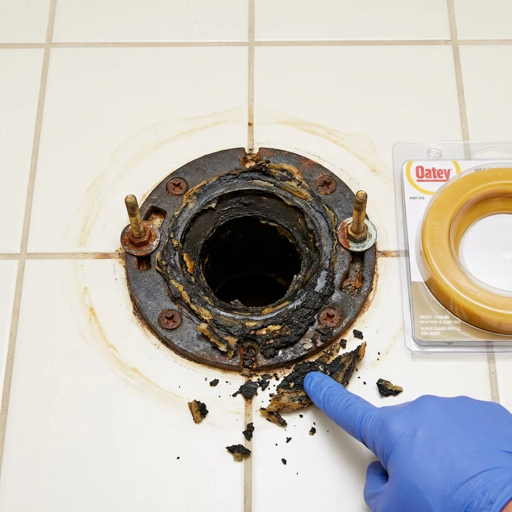 Failed wax ring showing water seepage at the base of a toilet in a Channing, TX home