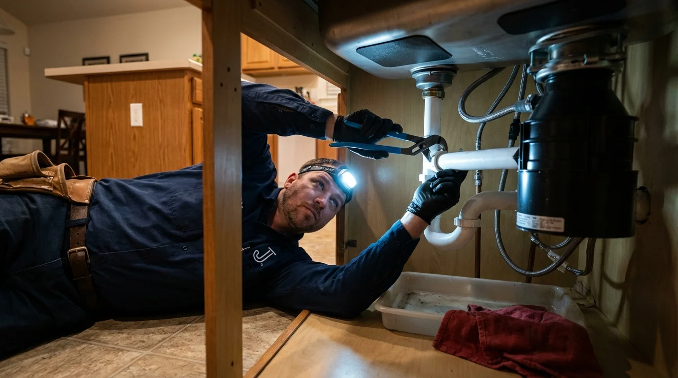 P-trap and supply line connections under a kitchen sink showing a common leak point in Channing, TX